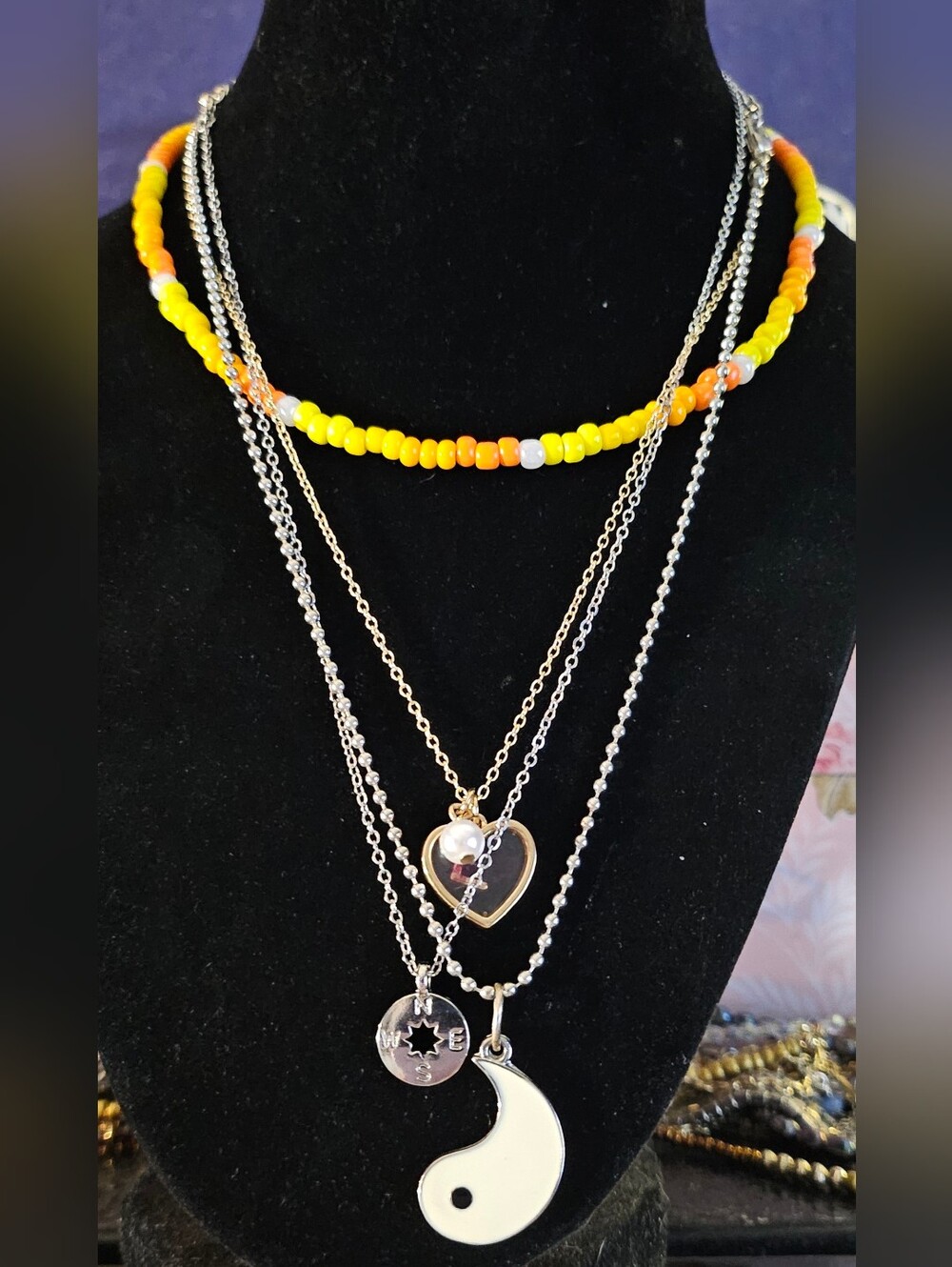 Layered Yellow & Silver Beaded Heart Pendant Necklace Set